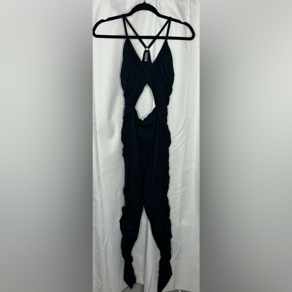 Free People Movement Black Ruched Jumpsuit With Cut Outs High Waisted Size Small
